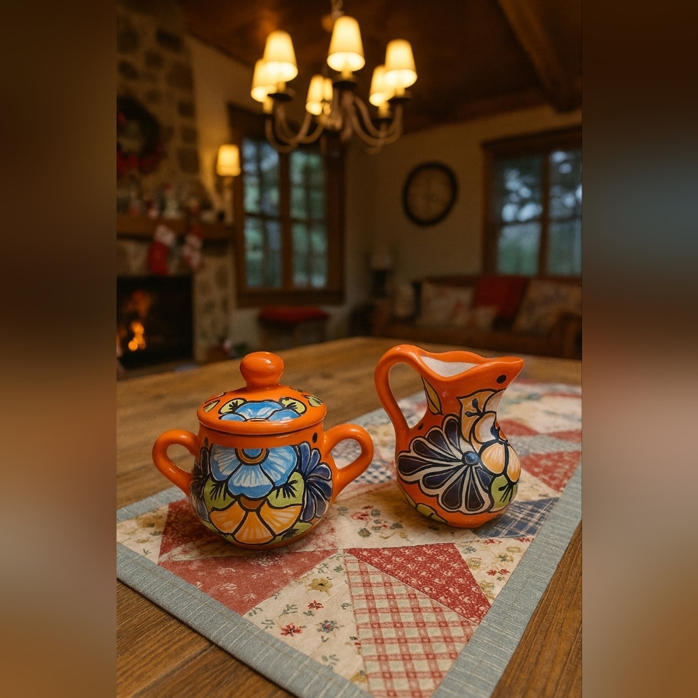 Hand-painted Mexican Talavera creamer and sugar bowl set.